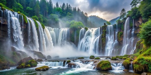 Fototapeta premium Dramatic landscape of Nuorilang Waterfall in Sichuan Province with misty veil surrounding the falls , sichuan province, nuorilang waterfall