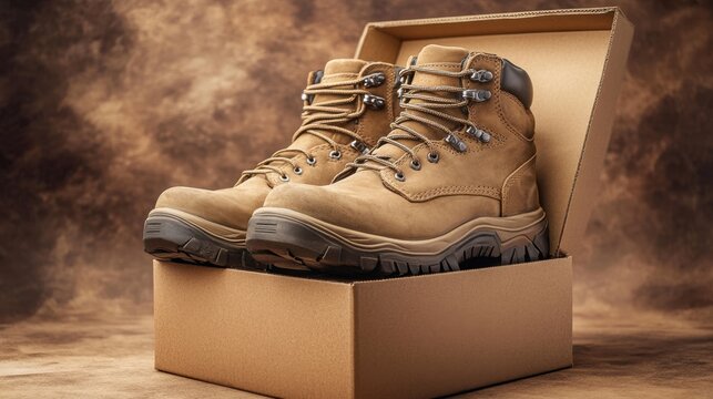 A rugged pair of work boots inside an open box, set against a dusty brown background.