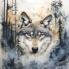 Fototapeta premium wolf in winterWatercolor wolf is in the forest,ai generated 