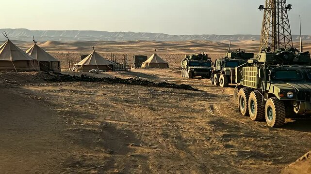 A fortified desert military base with sandbags, armored vehicles, and a central communication tower, with tents neatly arranged in the background, symbolizing order and readiness.