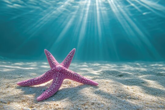 Pink starfish on sandy ocean floor, sunbeams underwater