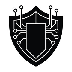Illustration of a black shield with a circuit board design on a white background. Digital networks Graphic resource for design
