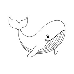 Cute whale smiling while swimming in the ocean, showcasing playful demeanor in a bright, simple illustration in doodle style