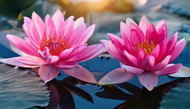 "Close-Up of Pink Lotus Flowers and Water Lilies"