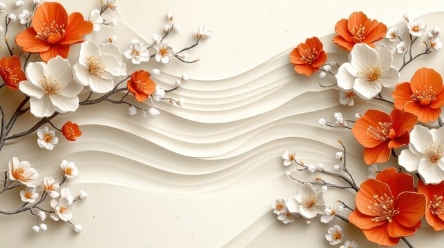 Fototapeta Floral wall decor with orange and white blossoms