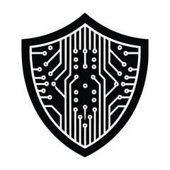 A shield containing a white circuit board design on a black background illustration. Digital networks Graphic resource for design