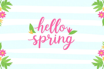hello spring lettering with flowers and leaves on a blue background