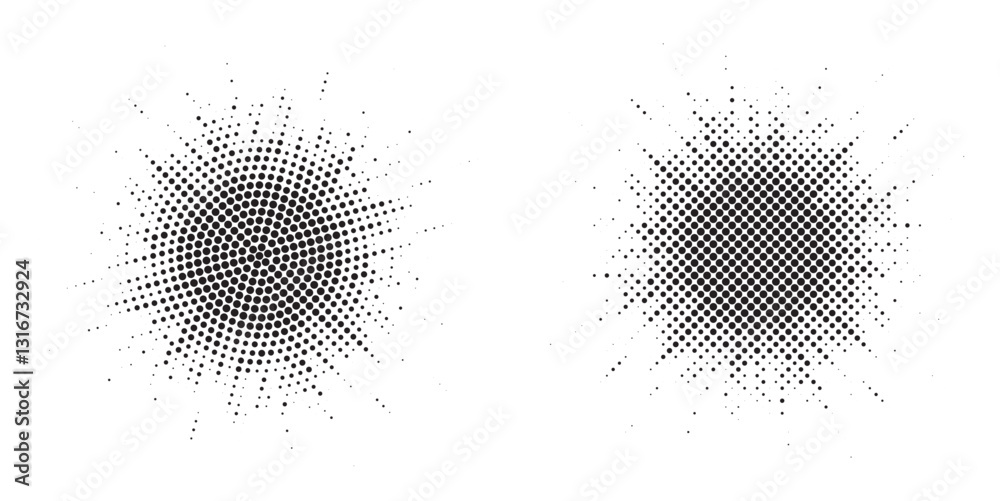 Poster Halftone circle frame background set. Round border Icon using halftone random circle. Grunge circular stain. Vector illustration.
