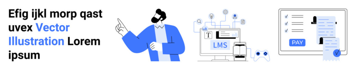 Man presenting online learning system, digital devices, and payment receipt. Ideal for e-learning, finance, technology, education, business planning, online payments abstract line flat metaphor