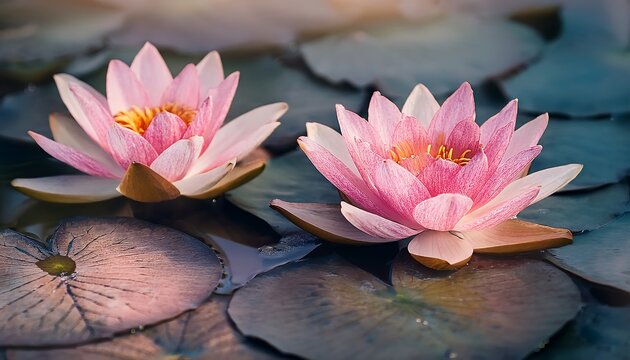"Close-Up of Pink Lotus Flowers and Water Lilies"