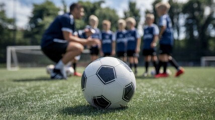 Obraz premium Soccer ball on grass field with coach and young players in background