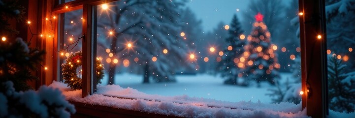 Softly glowing Christmas lights on a snowy windowpane, decoration, soft, christmas lights