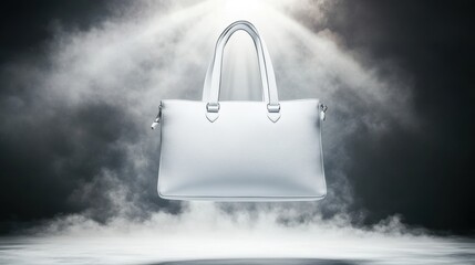 A white leather tote bag seemingly levitating with a dramatic spotlight.