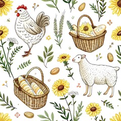 Charming farm animals and bread in wicker baskets seamless pattern design art lamb cute food sheep
