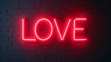 Illuminated Neon Love Sign on Brick Wall in Warm Pink Tone