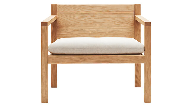 A wooden chair with a white cushion sits on a white background