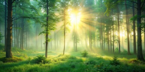 Obraz premium Misty dawn with soft green glow and blurred light highlights in a serene forest scene , landscape, sun, landscape, sun