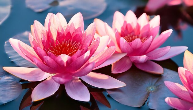 "Close-Up of Pink Lotus Flowers and Water Lilies"