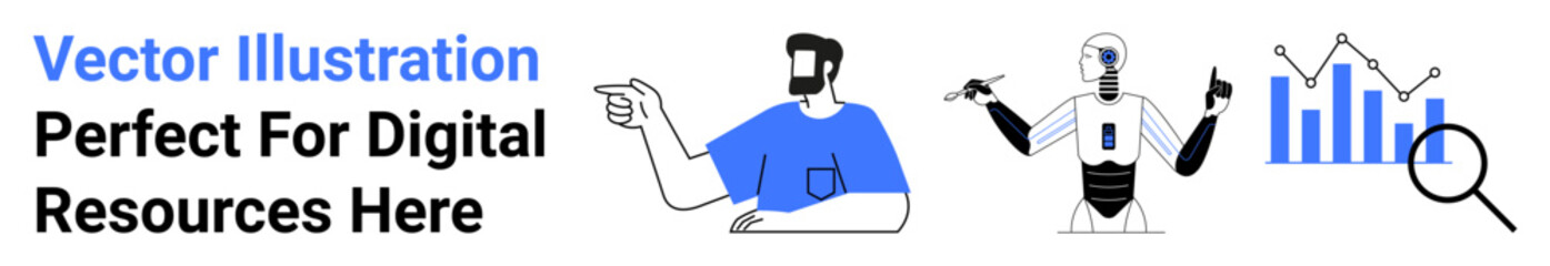 Man gesturing alongside a humanoid robot, bar graph, and magnifying glass illustrating technology, teamwork, innovation, AI, data analytics, research and education. Ideal for IT business