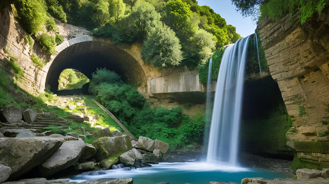 Waterfalls over the ancient grindstone of Biedano gorges, Barberano Romano, Blera, Viterbo, Lazio, Italy