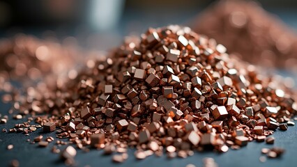 Copper granules scattered on a dark surface showcasing their metallic luster and unique square shapes