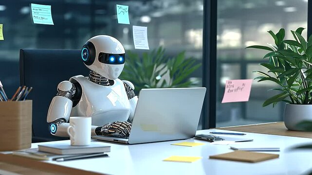 A robot using a laptop in a corporate cubicle, surrounded by file organizers, post-it notes, and coffee cups, symbolizing AI's ability to integrate into traditional office environm