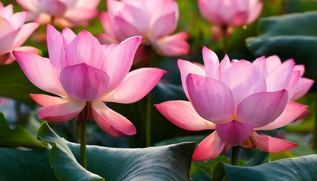 "Close-Up of Pink Lotus Flowers and Water Lilies"