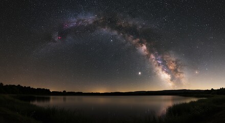 Milky Way Galaxy Over Still Lake Water Reflecting Stars at Night