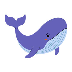 Cartoon illustration presents a friendly purple whale swimming with its tail fin visible and smiling face