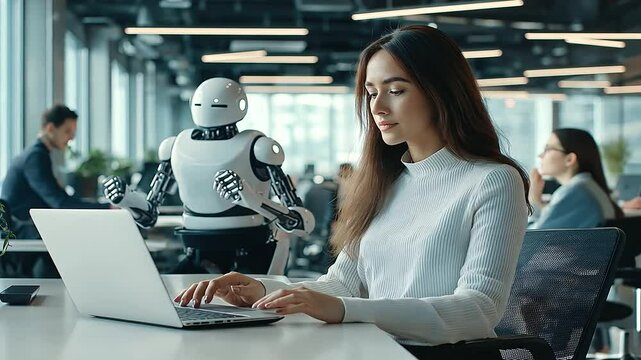 A robot with articulated arms sitting at a coworking desk, using a laptop alongside human workers in a bright, collaborative office environment, representing AI-human collaboration