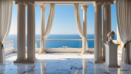 Fototapeta premium Luxurious Mediterranean Villa with Ocean View, Marble Columns & Classical Statue