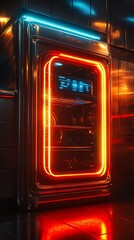 Obraz premium Glowing cabinet displaying glowing circuits. Neon frame. Modern display case