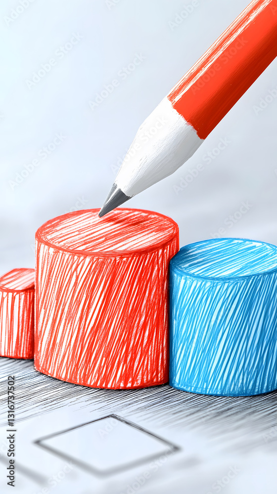 Poster A colored pencil highlights a bar graph with red and blue sections, representing data visualization and analysis on a printed paper