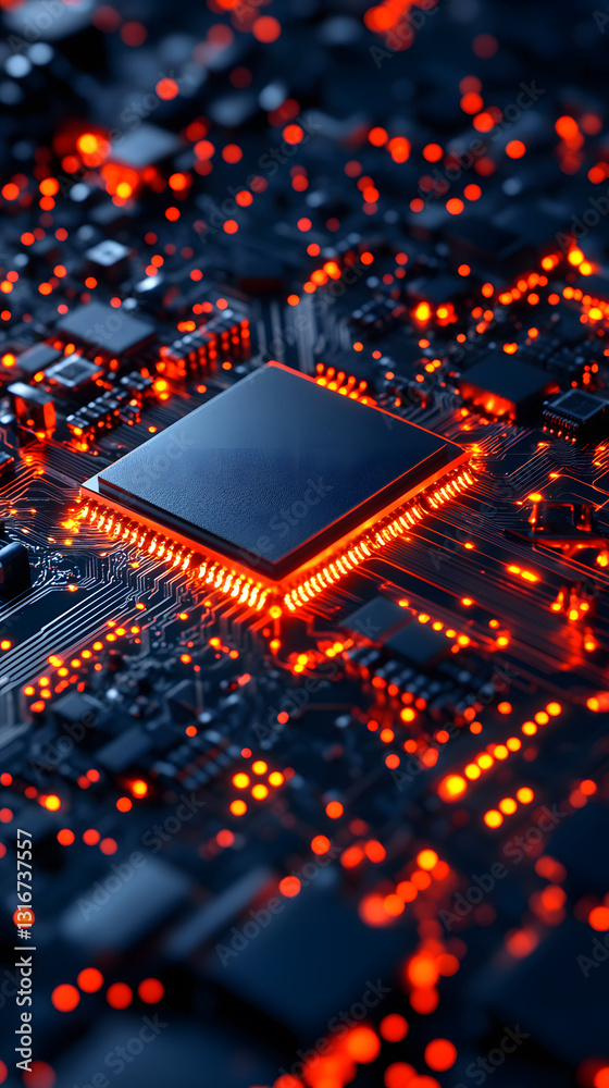 Poster A close-up view of a computer chip surrounded by glowing circuit elements, showcasing intricate details and vibrant colors