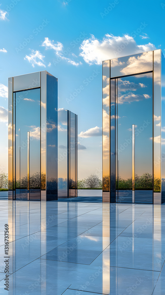 Poster reflective glass structures stand tall against a blue sky, creating a stunning visual contrast with 