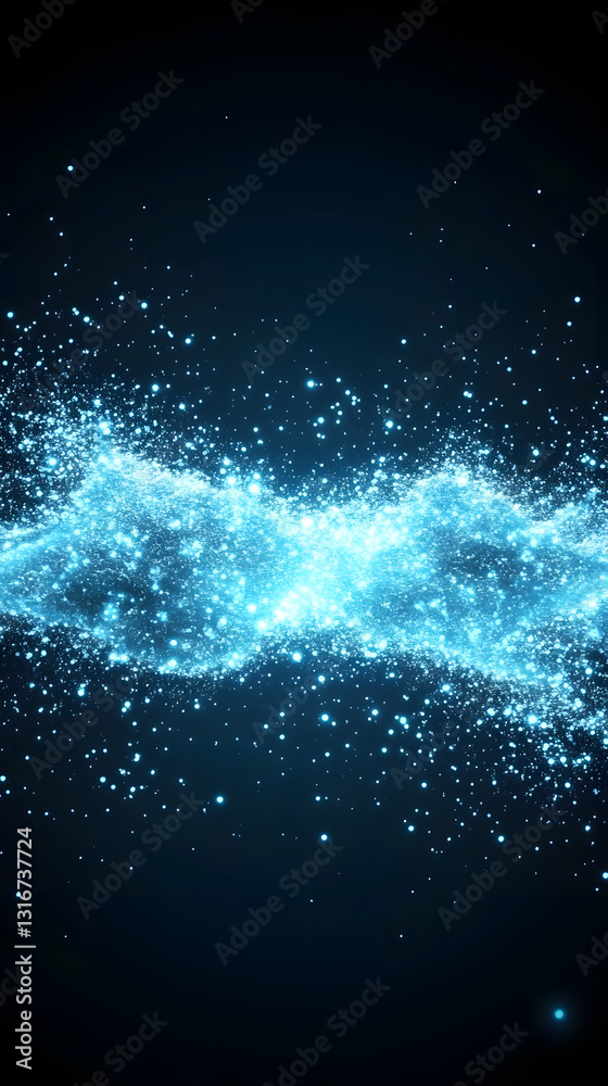 Poster a vibrant, abstract representation of swirling blue particles and light against a dark background, c