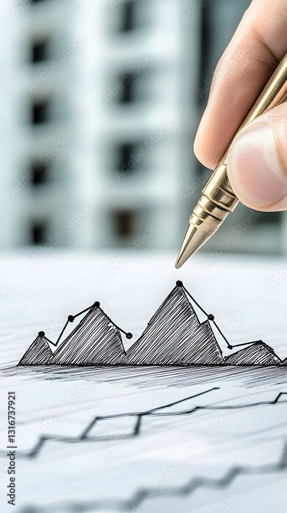 Poster a hand draws a line graph on paper, showcasing peaks and troughs, symbolizing data analysis or finan