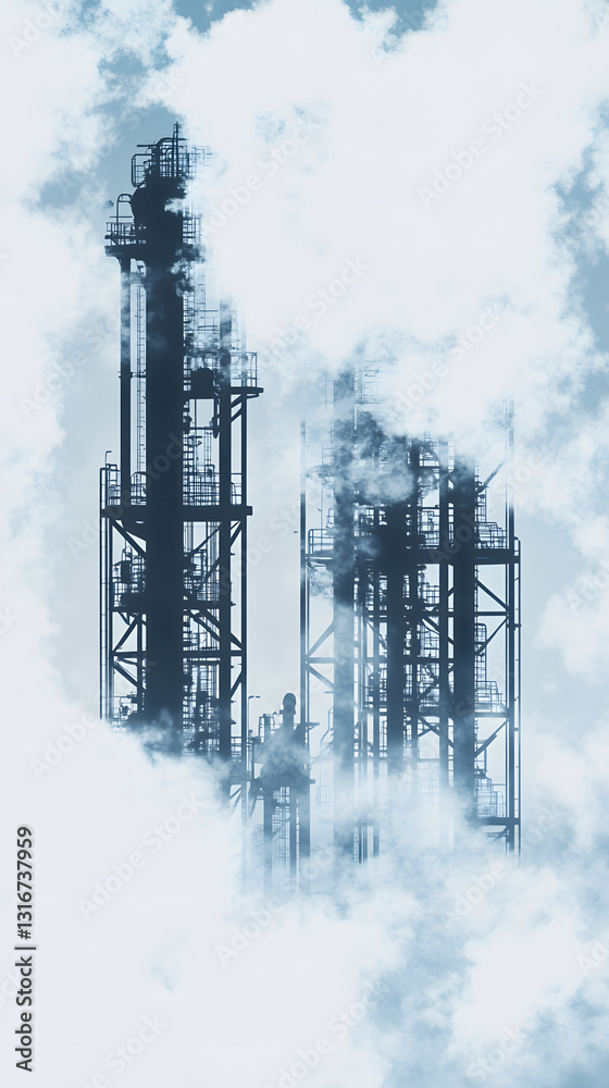 Poster tall industrial structures rise through clouds, creating a striking silhouette against a soft sky, e