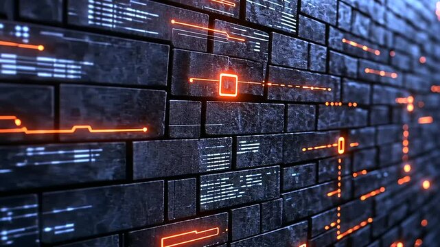 A sturdy brick wall glowing with embedded circuitry, with digital locks and shields forming a protective layer, symbolizing impenetrable firewall defense.
