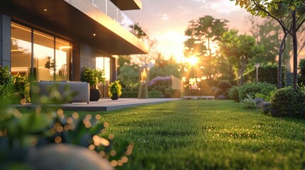 Obraz premium A stunning garden view featuring lush grass, modern architecture, and a beautiful sunset casting warm light on a tranquil space.