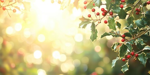 Fototapeta premium A blurred holly background with soft-focus berries and leaves, ideal for adding text overlays.