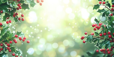 Fototapeta premium A blurred holly background with soft-focus berries and leaves, ideal for adding text overlays.