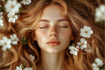Naklejka premium Commercial ad concept art. Spring mood, dark night and warm mystic light - complementary lighting. Gorgeous caucasian young woman surrounded by cherry blossoms. Woman in bright spring garden.