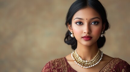A minimalist portrait of an indian bride wearing a pearl statement necklace, gazing confidently with a sleek and modern composition