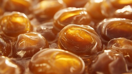 Golden, shiny caramel candies close-up with a glossy surface and rich, amber tones