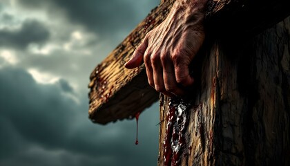 Close-up of Jesus’ hands nailed to the cross, blood trickling down the rough wood. The stormy sky looms in the background, symbolizing pain, sacrifice, and redemption.
