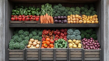 Vibrant Colorful Fresh Vegetables in Wooden Crates