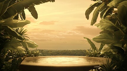 Golden Hour Tropical Pool Scene with Lush Greenery