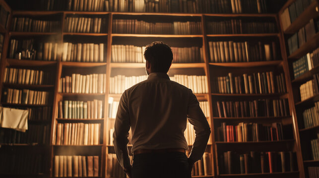 University professor in an academic setting, bookshelves filled with knowledge behind, cinematic details, crisp lighting - Powered by Adobe