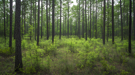 Fototapeta premium Dense pine trees rise above a vibrant verdant undergrowth in a lush forest setting creating a serene natural landscape.